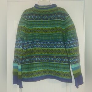 Jones New York sport vintage blue and green fair isle & stripe mock neck sweater